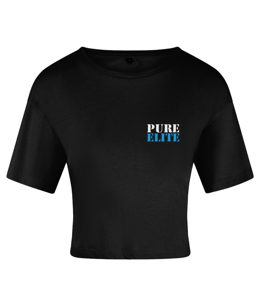 Women's Crop Top Pure Elite Text White & Blue Logo